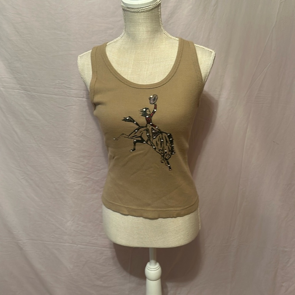 Tan tank top w/ red bronc rider and rhinestones 100% cotton